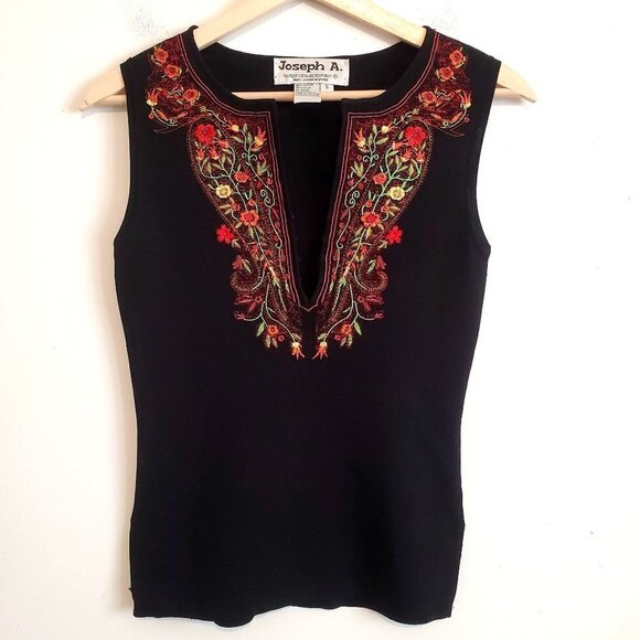 Joseph A. S Sweater V-neck Floral Embroidery Side Slits knit - Picture 1 of 7